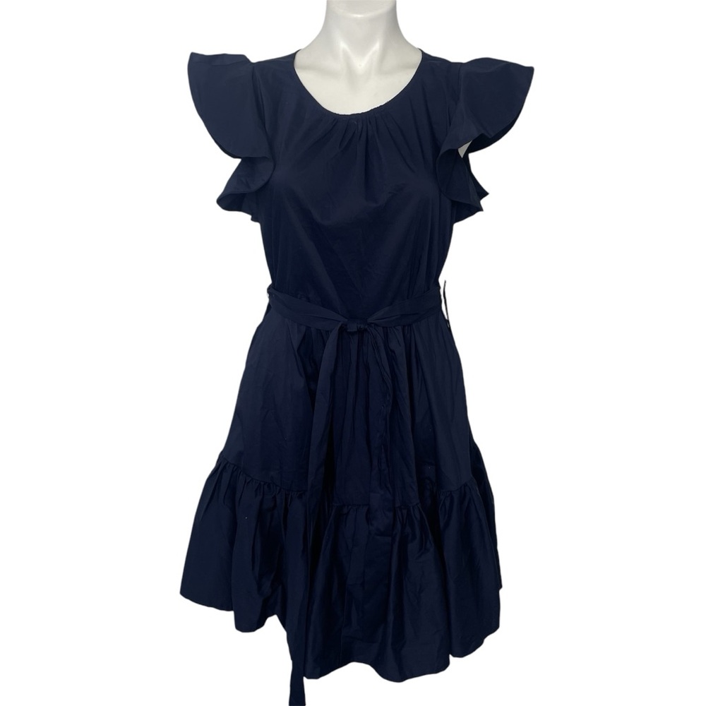 NY&C Ruffled Dress M Navy Blue NYW Tie waist Knee Length Fit & Flare NEW S/S